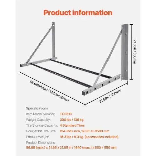 VEVOR Reifenregal Reifenständer Garagenregal zur Wandmontage 812-1219 mm verstellbar, Q235 Hochleistungs-Reifenlagerregal aus Stahl für Standardreifen (R355,6 bis R508 mm), max. Tragkraft 136 kg – Bild 6
