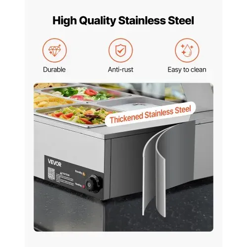 VEVOR kommerzieller Speisenwärmer (6 x 1/2 Größe Behälter), 1,5 kW elektrischer Wärmebehälter aus Edelstahl mit Glasabdeckung & Suppenkelle, Chafing Dishes für Catering Restaurant Party – Bild 4