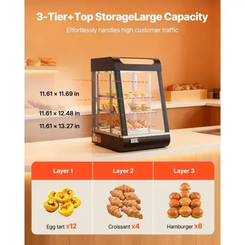 VEVOR 3-stöckige Wärmetheke 57 L, Warmhaltevitrine 800 W, Warmhaltetheke 30–85 °C, Speisenwärmer mit LED-Beleuchtung & Verstellbaren Ablagen, Speisevitrine für Hamburger Pizza Brot Brathähnchen – Bild 4