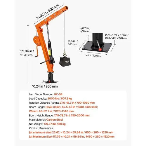VEVOR Pickup Kran mit 907,2kg Tragkraft, Manueller Ladekran Inkl. Handwinde & 12t Hydraulikpumpe, Hebekran mit Teleskopausleger & 360° Drehkranz, Hebezeug aus Kohlenstoffstahl für Pick-up LKW Anhänger – Bild 6