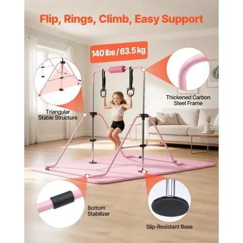 VEVOR Gymnastikstange für Kinder mit 63,5 kg Tragkraft, Klappbares Turnreck mit Matte, Höhenverstellbare Turnstange für Indoor- und Outdoor-Training, Heimtrainingsgerät für Kinderturnen zu Hause, Rosa – Bild 2