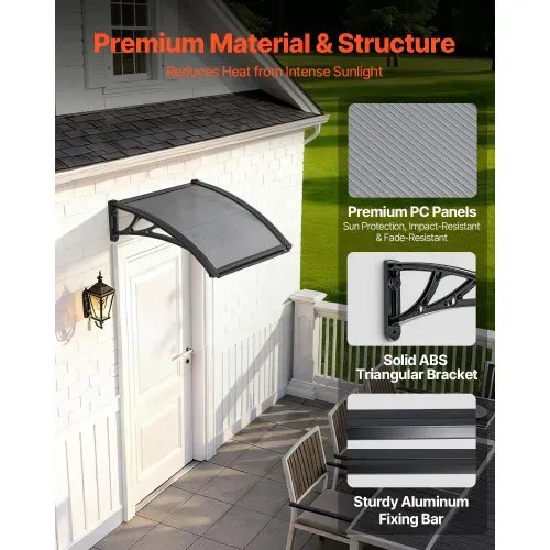 VEVOR Vordach für Haustür, 61x60 cm, Pultbogenvordach, Überdachung mit Entwässerung & ABS-Halterung, Regen-, Schnee- & Sonnenschutz, Polycarbonat-Türdach für Veranda & Terrasse, Rauchgrau – Bild 3