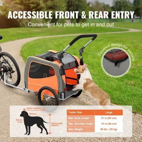 VEVOR Hunde-Fahrradanhänger, trägt bis zu 30 kg, 2-in-1-Fahrradträger für Haustier-Kinderwagen, einfach zusammenklappbarer Wagenrahmen mit Schnellspannrädern, universeller Fahrradkupplung, Reflektoren – Bild 4