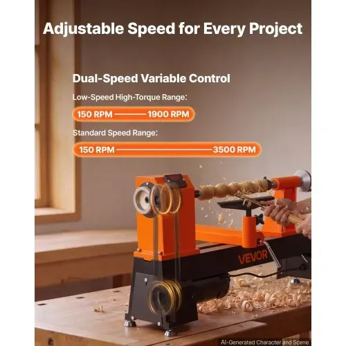 VEVOR Drechselbank 355 x 508 mm 750 W 1 PS Holzdrehmaschine 150-3500 U/min für Tischbeine und Spazierstöcke, Robuster Gusseisenrahmen, Überstromschutz, Erhöhungsblock und Zubehör für Holzarbeiten – Bild 2