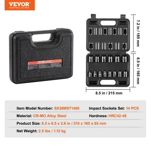 VEVOR 3/8-Zoll-Schlagsteckschlüsselsatz, 14-teiliger flacher Steckschlüsselsatz metrisch 7–20 mm, 6-Punkt-Cr-Mo-Legierungsstahl für Autoreparatur, leicht lesbare Größenmarkierungen, robuste Konstruktion, inklusive Aufbewahrungskoffer – Bild 6