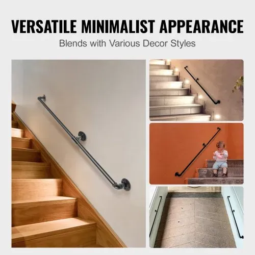 VEVOR 2x Retro Wasserrohr Handlauf 180cm Industrieller Geländer Schutzbügel Kohlenstoffstahl 3x Wandhalterungen Handlauf Rustikal 200kg Tragfähigkeit Geeignet für Handläufe im Innen-/Außenbereich – Bild 5