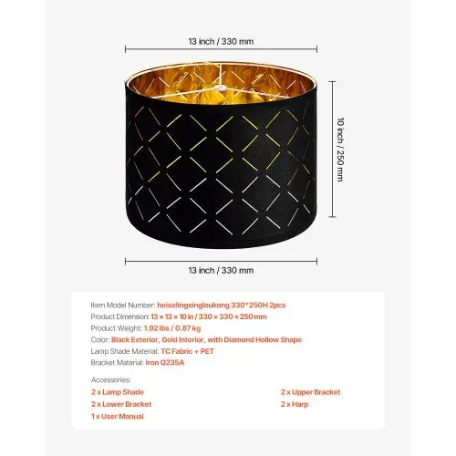 VEVOR Lampenschirm Trommel 33x33x25 cm (oben x unter x hoch), 2 mittelgroße Ersatzschirme aus TC-Gewebe + PET, Lampenschirm mit Harfe für Tischlampen Stehlampen (schwarzes Diamant-Hohldesign) – Bild 6