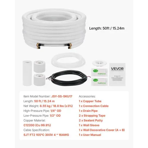 VEVOR Kältemittelleitung 15,24 m, Kupferleitung 6,4 & 12,7 mm Außendurchmesser, AC-Kupferrohr, PE-isolierte Spule, reichhaltige Armaturen, für Mini-Split-Klimaanlage, HVAC oder Wärmepumpensystem – Bild 6