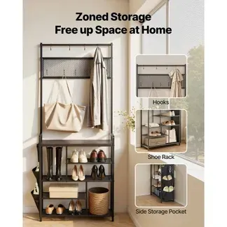 VEVOR Multifunktionale Flurgarderobe (75 x 30 x 180 cm) mit Schuhablage & Haken, Garderobenständer mit Seitentasche, Garderobe mit Stahlrahmen Geeignet für Eingangsbereich Schlafzimmer Schwarz VEVOR Multifunktionale Flurgarderobe (75 x 30 x 180 cm) mit Schuhablage & Haken, Garderobenständer mit Seitentasche, Garderobe mit Stahlrahmen Geeignet für Eingangsbereich Schlafzimmer Schwarz