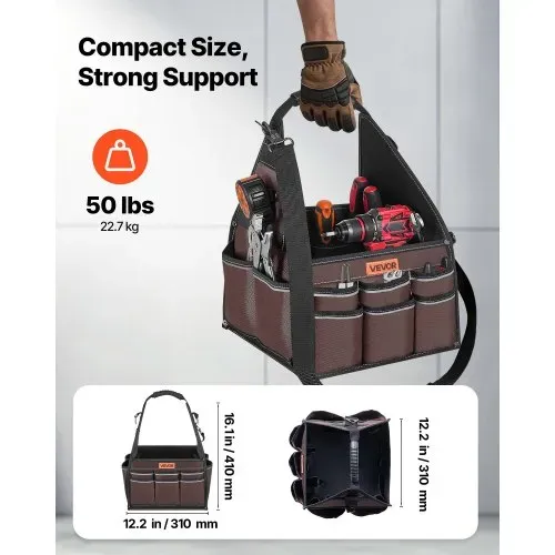 VEVOR Offene Werkzeugtasche 31x31x41cm, Aufbewahrungstasche mit 15 Innen- & 30 Außenfächern, Wasserfester Werkzeug-Organizer aus Polyester mit Schultergurt & Tragegriff, Werkzeugtrage für Handwerker – Bild 2