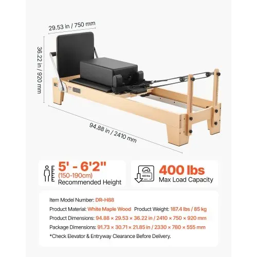 VEVOR Pilates Reformer Gerät 214 cm aus Ahornholz 181 kg Belastbarkeit für Heim-Fitnessstudios, Leises Gleiten, Verstellbare Kopfstütze, mit Pilates-Box, Jumpboard, Fußplattform und Fußschlaufen – Bild 5