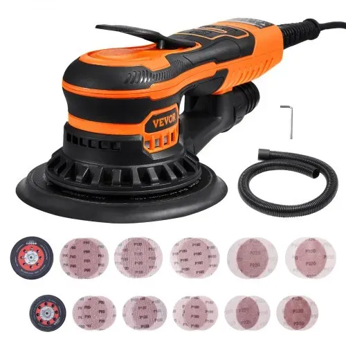 VEVOR Exzenterschleifer 5 und 6 Zoll, bürstenloser 350-W-Exzenterschleifer, 10.000 PRM, 6 variable Geschwindigkeiten, elektrischer Schwingschleifer mit 20 Schleifpapieren, Staubanschluss und Schlauch für das Detailschleifen in der Holzbearbeitung – Bild 8