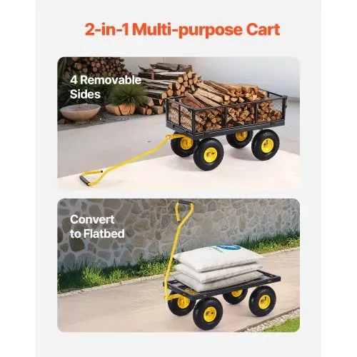 VEVOR Bollerwagen 226,80 kg, Transportwagen, Gartenwagen, Gerätewagen, Handwagen mit großen Geländereifen, abnehmbaren Seitenteilen aus Netzmaterial und um 180° drehbarem Griff, Gelb/Schwarz – Bild 2