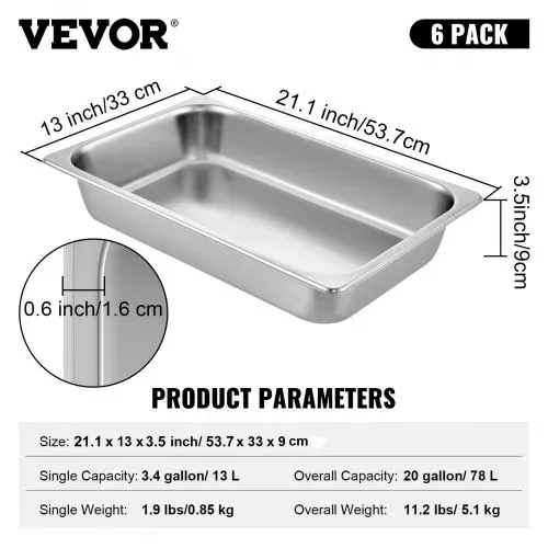 VEVOR Edelstahl Behälter 6 Stk. Speisebehälter Essens Behälter, Antihaft Teller, 537 x 330 x 90 mm kommerzieller Warmhaltebehälter für Speisen, Torten, Aufläufe, Hotelpfanne Tisch Food Pan – Bild 6