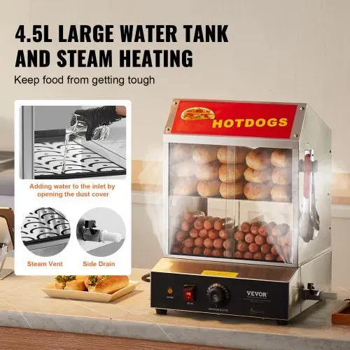 VEVOR Hot Dog Dampfgarer, 27L, 2-stufiger Hot Dog Hütten-Dampfgarer, 30℃~85℃ Temperaturregelung, elektrischer Brötchenwärmer mit Schiebetüren aus gehärtetem Glas, Trennplattenzange, Edelstahl, für Hot Dogs & Brötchen – Bild 3