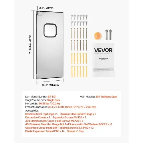 VEVOR Schwingtür 917 x 78 x 2133 mm, Einzelpaneel, passend für Türöffnungen von 91 x 213 cm, gewerbliche Türen aus Edelstahl mit Beschlägen & Zubehör, ideal für den privaten Gebrauch – Bild 6
