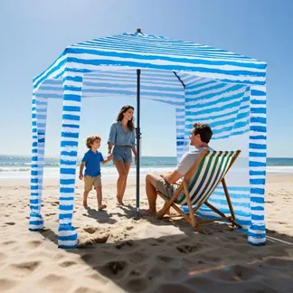 VEVOR Strand-Cabana 183 x183 cm Strandüberdachung mit Seitenwand, UPF 50+ Sonnenschutz, Strandpavillon mit Sandsäcken, tragbarer Sonnenschutz Sonnenschirm für Familie Freunde Blaue Streifen VEVOR Strand-Cabana 183 x183 cm Strandüberdachung mit Seitenwand, UPF 50+ Sonnenschutz, Strandpavillon mit Sandsäcken, tragbarer Sonnenschutz Sonnenschirm für Familie Freunde Blaue Streifen
