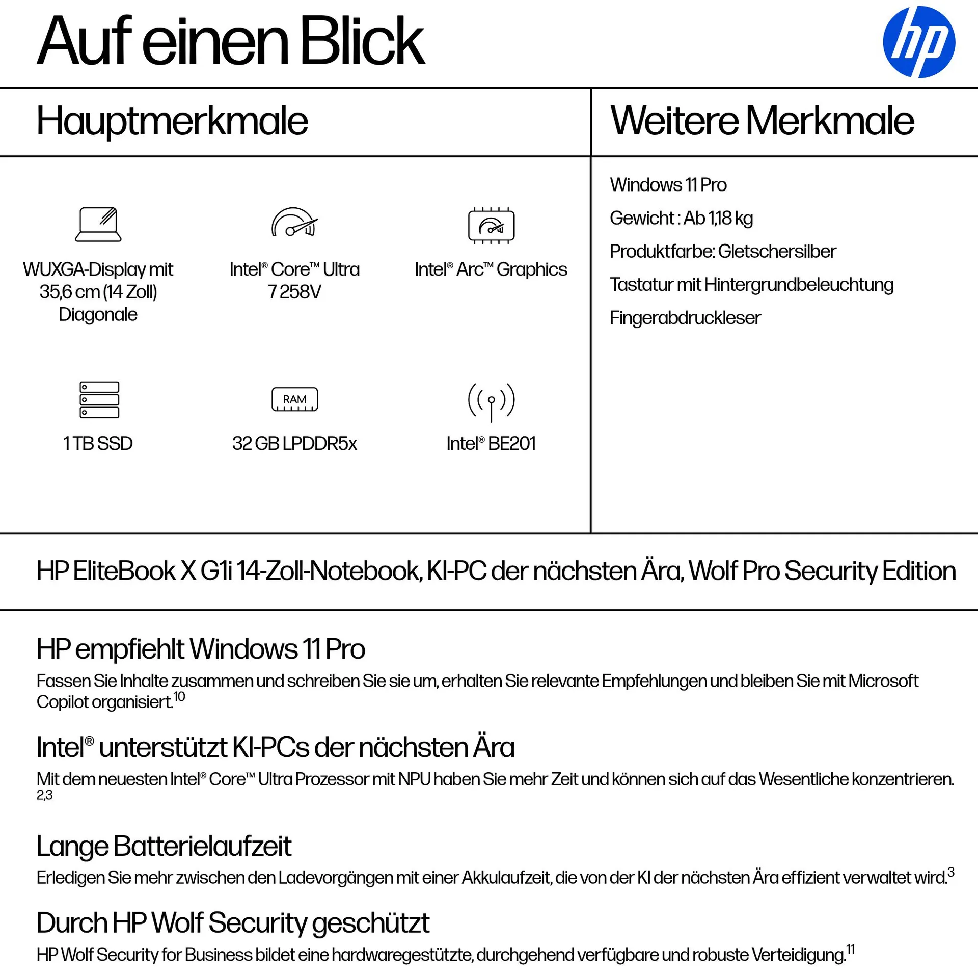 HP EliteBook X G1i Next Gen AI PC Wolf Pro Security Edition Copilot+ PC Intel Core Ultra 7 258V Laptop 35,6 cm (14") WUXGA 32 GB LPDDR5x-SDRAM 1 TB SSD Wi-Fi 7 (802.11be) Windows 11 Pro Silber – Bild 4