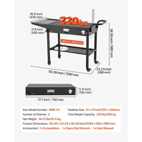 VEVOR Grillwagen Outdoor 787x432 mm (Tischplattengröße), Klappbarer Grilltisch mit Taschentuchhalter & Haken & Rädern & Seitentisch, Grillvorbereitungstisch Servierwagen für Picknick Küche Garten – Bild 2