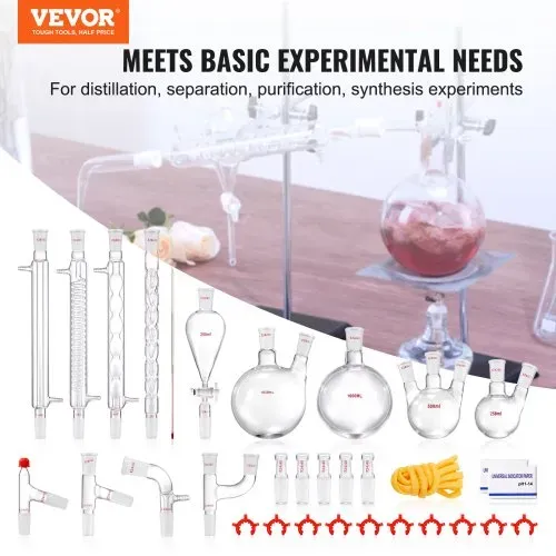 VEVOR Labor-Destillationsset, 3,3-Boro-Laborglas-Destillationsset mit 24- und 40-Verbindungen, 1000-ml-Destillationsgeräte-Set für Ätherische Öle, 32-teiliges Set mit Glaswaren VEVOR Labor-Destillationsset, 3,3-Boro-Laborglas-Destillationsset mit 24- und 40-Verbindungen, 1000-ml-Destillationsgeräte-Set für Ätherische Öle, 32-teiliges Set mit Glaswaren