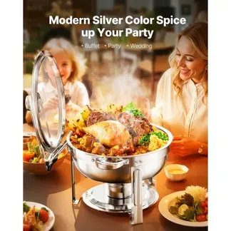 VEVOR Chafing Dish Buffet Speisenwärmer mit 2 Behältern in voller Größe (4,7 L pro), runder Catering-Wärmespender mit Glasdeckel & Wasserpfanne & klappbarer Ständer, für Buffet Partys Silber VEVOR Chafing Dish Buffet Speisenwärmer mit 2 Behältern in voller Größe (4,7 L pro), runder Catering-Wärmespender mit Glasdeckel & Wasserpfanne & klappbarer Ständer, für Buffet Partys Silber