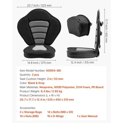 VEVOR 2 x Kajaksitz 53 mm Dicke, Gepolsterter Sitz für Stand-Up-Paddle-Board, Bootssitz mit Rückenlehne & Aufbewahrungstasche & Verstellbaren Gurten für SUP Kanu Angelboot Aufblasbares Kajak – Bild 6