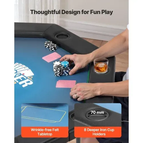 VEVOR klappbarer Pokertisch für 8 Spieler (1325 mm) Kasino-Freizeittisch mit gepolsterten Schienen & Getränkehaltern, achteckige tragbare Spieltische mit Filz- und Metallbeinen Texas Hold’em Poker – Bild 4
