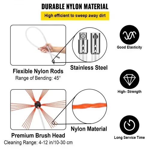 VEVOR Schornsteinbürste Nylon Kaminbürste Ofenrohrbürste 6 M Professionelle Armaturen Edelstahl mit flexiblen Nylonstangen – Bild 2
