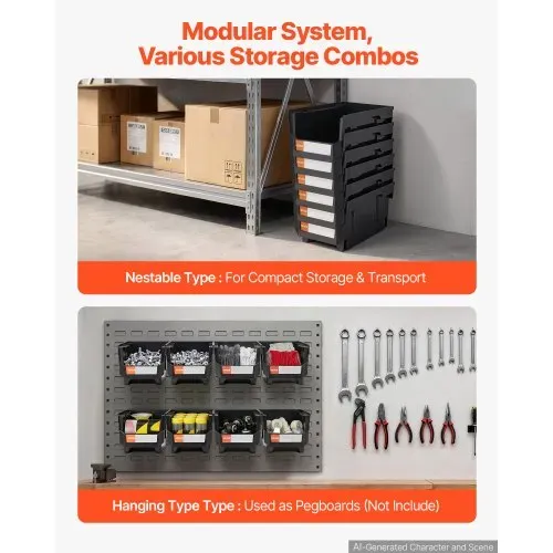 VEVOR Stapelboxen, 377 x 215 x 180 mm (6er-Pack), Lagerboxen, Sichtlagerboxen, Sichtlagerkasten zum Organisieren & Aufbewahren von Kleinteilen, Bürobedarf & anderem Zubehör, Schwarz – Bild 3