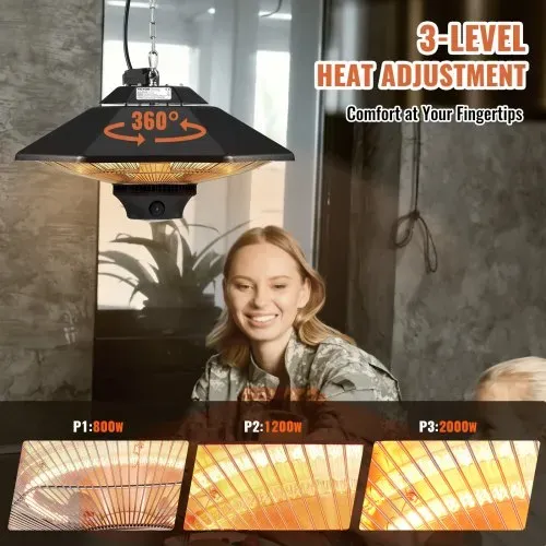 VEVOR Deckenheizstrahler, 2000 W, Fernbedienung, Wärmestrahler für draußen/drinnen, IP34-geschützter Heizstrahler mit Zugschnur und verstellbarer Kette, für Veranda, Terrasse, Esszimmer, Studio – Bild 2