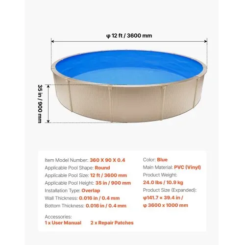 VEVOR Poolinnenfolie 3,6 m, Poolfolie für 90 cm Wandhöhe, Ersatzfolie aus PVC, Innenhülle 0,4 mm Stärke, Schwimmbadfolie Überlappend, Austauschfolie, Geeignet für Oberirdische Pools, Blau – Bild 6