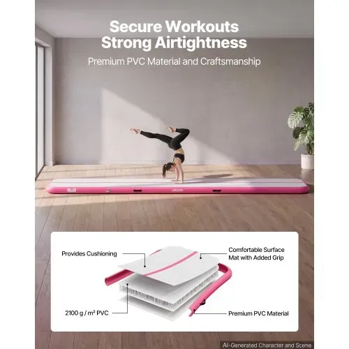 VEVOR Aufblasbare Gymnastikmatte 500x100x10 cm Airtrack-Turnmatte für Training, Wettkampfsport & Yoga, mit Rutschfester Oberfläche, 600-W-Elektroluftpumpe, Reparaturflicken, Düsen & Tasche, Pink – Bild 2