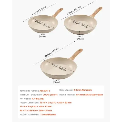VEVOR Bratpfannen Set 3-tlg. (200 / 240 / 280 mm), Hochleistungs-Bratpfannen aus Aluminium (Antihaftbeschichtet), Kochpfanne Küchenkochgeschirr geeignet für Gas Elektro Induktion Beige – Bild 6