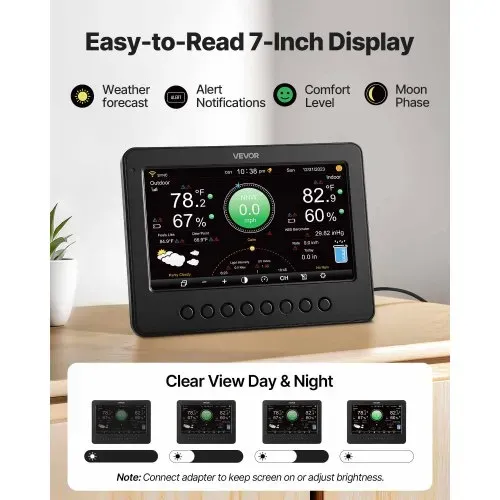 VEVOR 7-in-1 WLAN-Wetterstation, 7-Zoll-TFT-Display, solarbetriebener Außensensor, Wettercenter zur Wettervorhersage, Windgeschwindigkeit, Windrichtung, Temperatur, Luftfeuchtigkeit, Niederschlag – Bild 3
