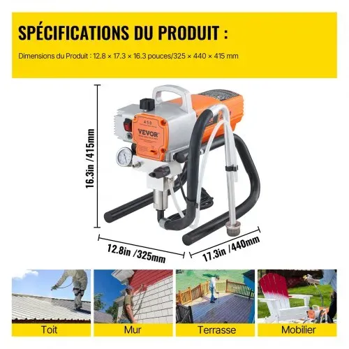 VEVOR Pro Airless-Wandfarbspritzgerät, 1800 W elektrisches Spritzpistolen-Set, einstellbarer Sprühdruck mit Rohr für Wand- und Decken-/Holz- und Metallfarbe – Bild 6