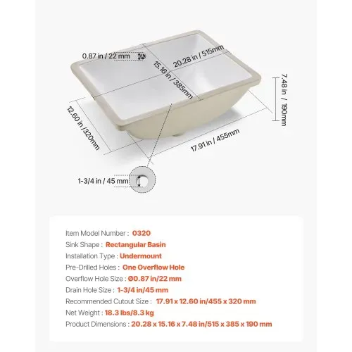 VEVOR Unterbauwaschbecken Handwaschbecken 515 x 385 mm rechteckiges Spülbecken aus Keramik mit Überlaufloch, moderne Unterbauspüle Küchenspüle für kleine Räume, Badezimmerwaschbecken Weiß – Bild 6