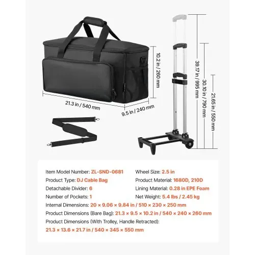 VEVOR DJ Kabeltasche 540 x 240 x 260 mm, DJ Tasche mit 6 Abnehmbaren Trennwänden, Gepolstertem Boden, 3 Außentaschen, Rollen & Griffen, 1680D, Kabeltasche für DJ-Equipment, Musikinstrumente & Zubehör – Bild 6