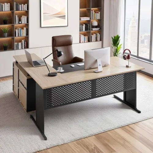 VEVOR L-förmiger Chefschreibtisch moderner Bürotisch mit Schubladen & Lagerschrank, umkehrbarer Schreibtisch aus Eisen + Holz, 158,7 kg Tragkraft, Computertisch für Arbeit Studium Schreiben VEVOR L-förmiger Chefschreibtisch moderner Bürotisch mit Schubladen & Lagerschrank, umkehrbarer Schreibtisch aus Eisen + Holz, 158,7 kg Tragkraft, Computertisch für Arbeit Studium Schreiben