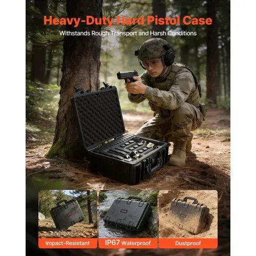VEVOR Hartschalenkoffer für 6 Pistolen, Pistolenkoffer mit XPE-Schaumstoffeinlage 475x415x215 mm, Wasserdichter Kurzwaffenkoffer mit Anpassbarem Innenraum & Tragegriff, für Pistole Objektive Kamera – Bild 3