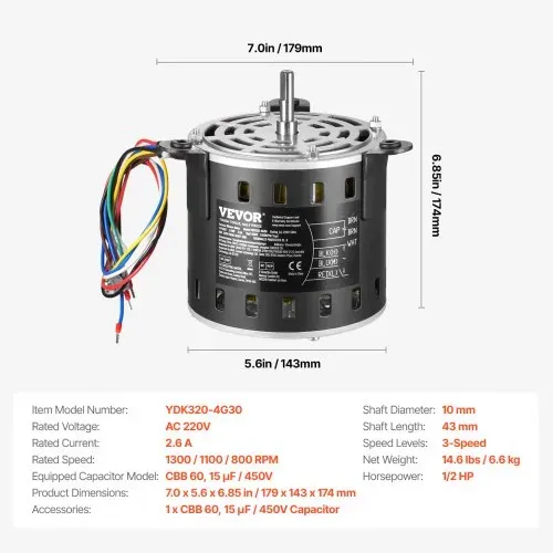 VEVOR 1/2 PS Gebläsemotor, 220 V, 2,6 Ampere, 1300 U/min, 3 Gang (1300/1100/800 U/min), 10 mm Wellendurchmesser, 20 mm Wellenlänge, ROT. CCW vom Wellenende, inkl. CBB60 15 μF/450 V Kondensator – Bild 6