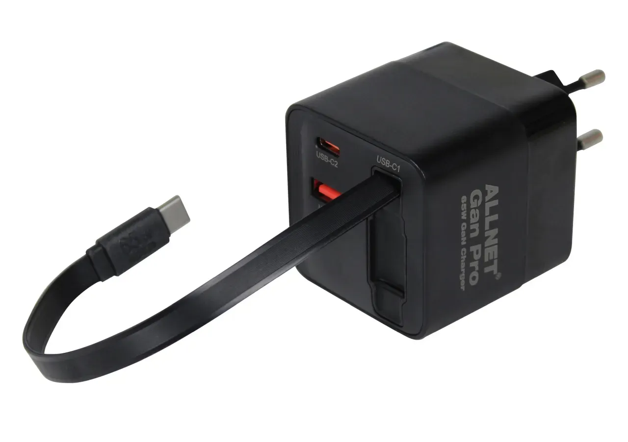 ALLNET Ersatznetzteil QC USB-C PD GaN Netzteil Power Supply 65 Watt 1x USB Typ-A QC, 1x USB Typ-C/ 1x USB Typ-C ausziehbar **EU PLUG** schwarz – Bild 4