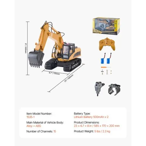 VEVOR Ferngesteuerter Bagger Spielzeug, 15 Kanäle, 3-in-1-Ferngesteuerter Bagger mit Metallschaufel, RC-Bagger im Maßstab 1:14 mit Licht & Ton, funktionsfähige Baufahrzeuge für Kinder, 2 Batterien – Bild 6