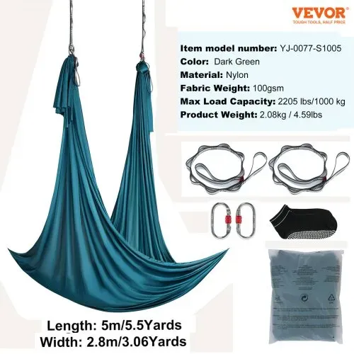 VEVOR Aerial Yoga Hängematte Set 5 x 2,8 m, Grün Aerial Yoga Swing Air Fliegen, Yoga-Schaukel Hammock Swing 1000 kg Max. Tragfähigkeit, inkl. Yoga-Socken & Stahlkarabiner, Anti-Gravity-Übungen – Bild 6