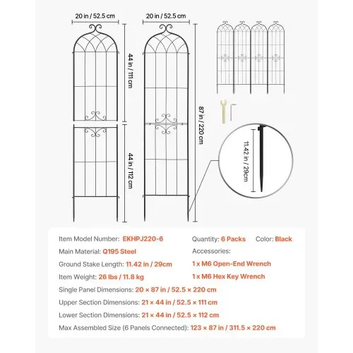 VEVOR Rankgitter, 220x52,5 cm 6er-Pack, Metall Rankhilfe mit Pulverbeschichteter Oberfläche & Verriegelungsmechanismus, Kletterhilfe, Garten Spalier, Pflanzengitter für Blumen, Gemüse & Rosen – Bild 6