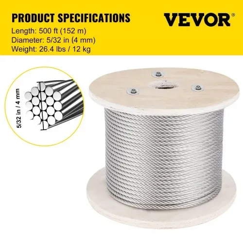 VEVOR 316-Edelstahlkabel, 152 m langes Edelstahldrahtseil mit 4 mm Durchmesser und 1x19-Konstruktion, 1496 kg Bruchfestigkeitsstahlkabel für Außengeländer, Terrassen, DIY-Balustraden – Bild 6