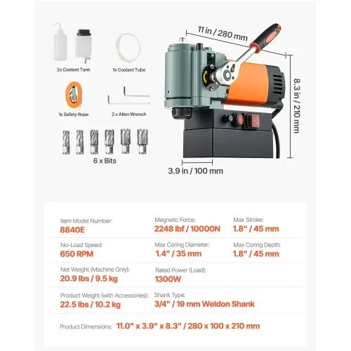 VEVOR Magnetbohrmaschine mit niedrigem Profil, 1300 W, 35 mm Bohrdurchmesser, 10000 N Leistung, tragbare Magnetbohrmaschine mit Weldon-Schaft, für Metalloberflächen Industrie Heimwerker – Bild 6
