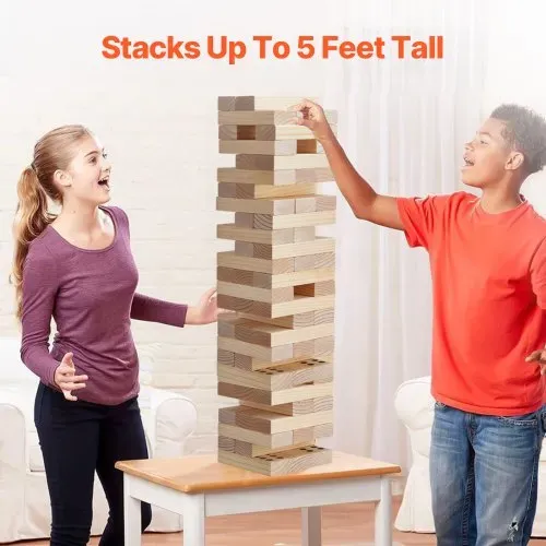 VEVOR Wackelturm mit 60 Blöcken & Anzeigetafel & Tragetasche, Tumbling Tower aus Kiefernholz, Holzturm Höhe bis 60 cm, Holzstapelspiel, Tumbling Tower-Familienspiele für drinnen/draußen Party – Bild 2