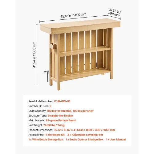 VEVOR Hausbar mit 3 Ebenen, Bartresen aus Holzwerkstoff mit Fußstütze & Flaschenöffner-Halter, Moderne Bartheke mit viel Stauraum für Wohnzimmer & Keller, Belastbar bis 81,6 kg, 1400 x 398 x 1055 mm – Bild 6
