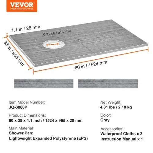 VEVOR Duschrand-Set, 1524 x 965 x 28 mm, großes Duschwannen-Set mit 16,5 cm versetztem Abfluss, leichte EPS-Duschinstallations-Sets mit 2 wasserdichten Tüchern, Duschwannen-Neigungsstangen – Bild 6