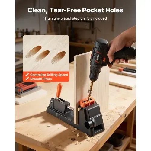 VEVOR Pocket Hole Jig, 12,7 bis 38,1mm, Schrägloch Positionierer, Taschenlochbohrlehren-Set mit Staubabsaugungsadapter, Abnehmbarem Führungsblock, Bohrer, Anschlagring, für Holzbearbeitung – Bild 3